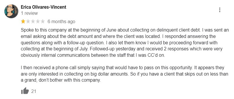 Turbo Debt Recovery Review detailing an account of how the company is only interested in collecting on big dollar amounts